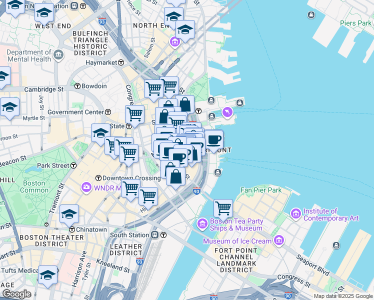 map of restaurants, bars, coffee shops, grocery stores, and more near 99 Broad Street in Boston