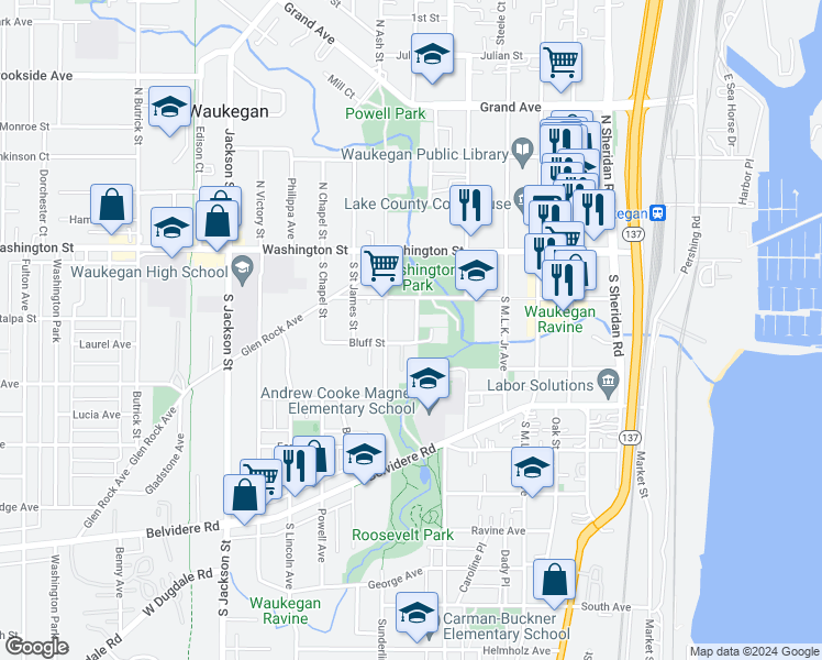 map of restaurants, bars, coffee shops, grocery stores, and more near 126 Juniper Street in Waukegan