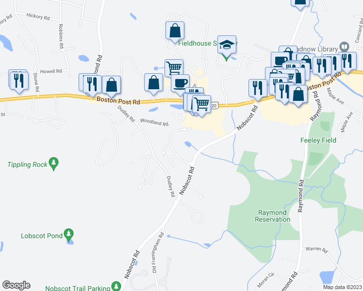 map of restaurants, bars, coffee shops, grocery stores, and more near 177 Nobscot Road in Sudbury