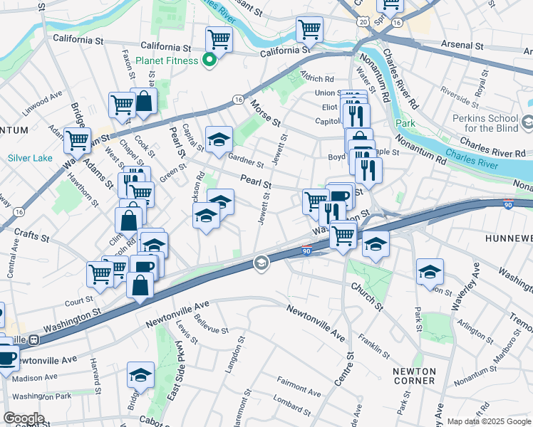 map of restaurants, bars, coffee shops, grocery stores, and more near 110 Jewett Street in Newton