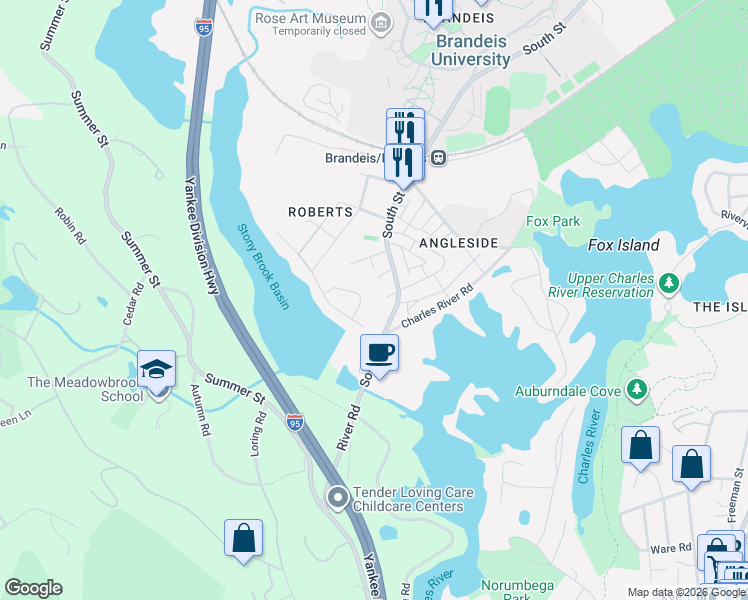 map of restaurants, bars, coffee shops, grocery stores, and more near 52 Hays Road in Waltham