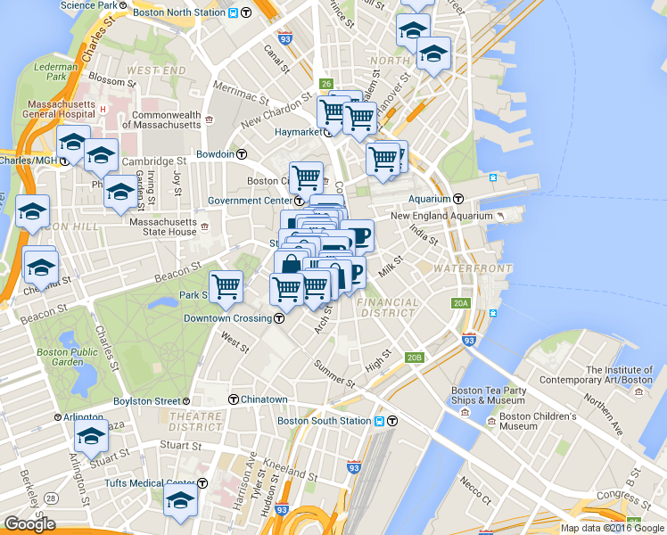 map of restaurants, bars, coffee shops, grocery stores, and more near 111 Devonshire Street in Boston