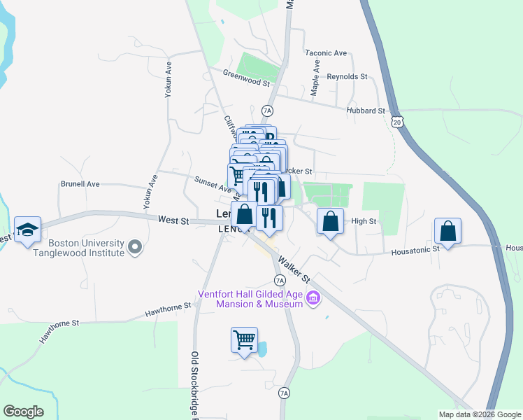 map of restaurants, bars, coffee shops, grocery stores, and more near 31 Church Street in Lenox