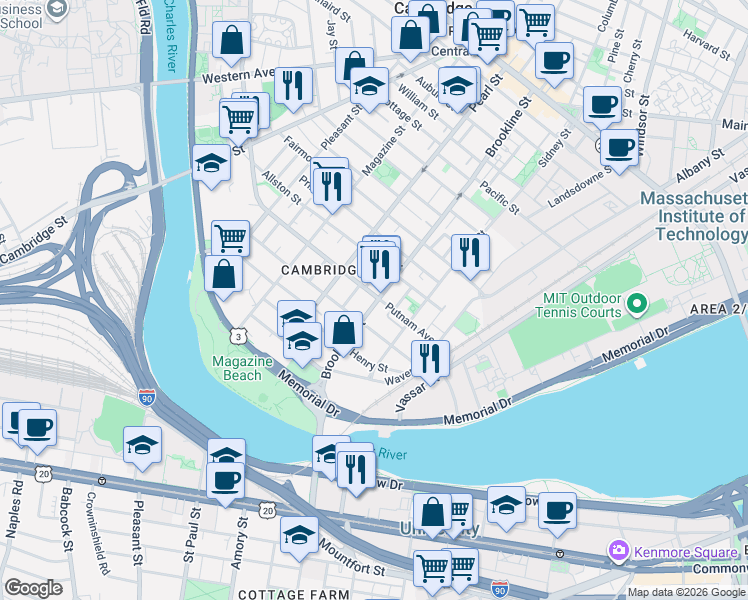 map of restaurants, bars, coffee shops, grocery stores, and more near 97 Chestnut Street in Cambridge