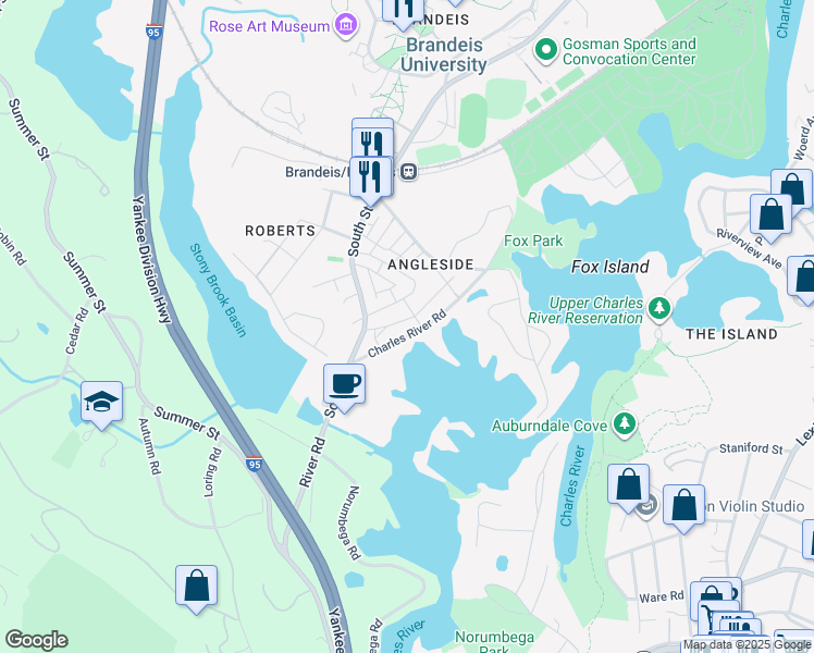 map of restaurants, bars, coffee shops, grocery stores, and more near 56 Charles River Road in Waltham