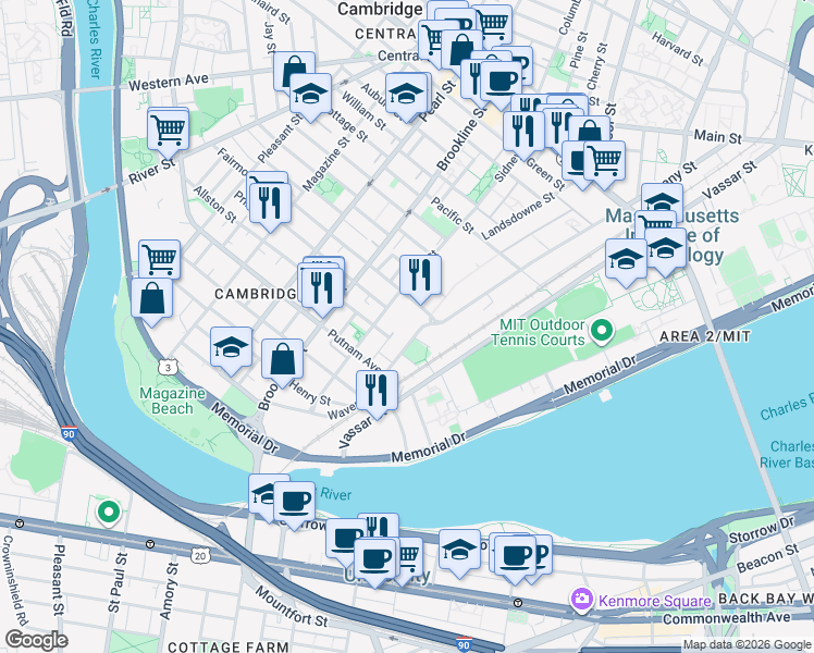 map of restaurants, bars, coffee shops, grocery stores, and more near 40 Erie Street in Cambridge