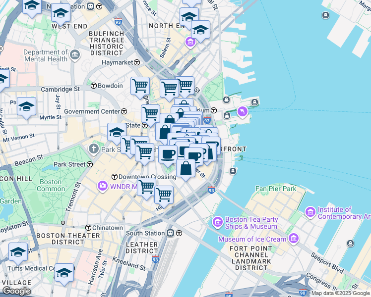 map of restaurants, bars, coffee shops, grocery stores, and more near 67 Batterymarch Street in Boston