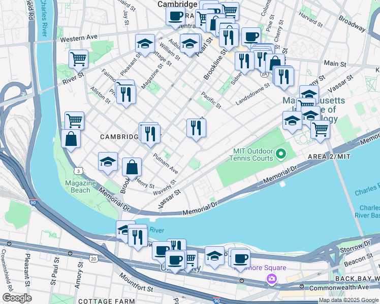 map of restaurants, bars, coffee shops, grocery stores, and more near 40 Erie Street in Cambridge