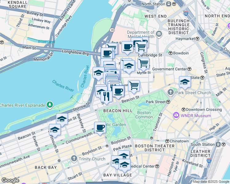 map of restaurants, bars, coffee shops, grocery stores, and more near 34 Charles Street in Boston