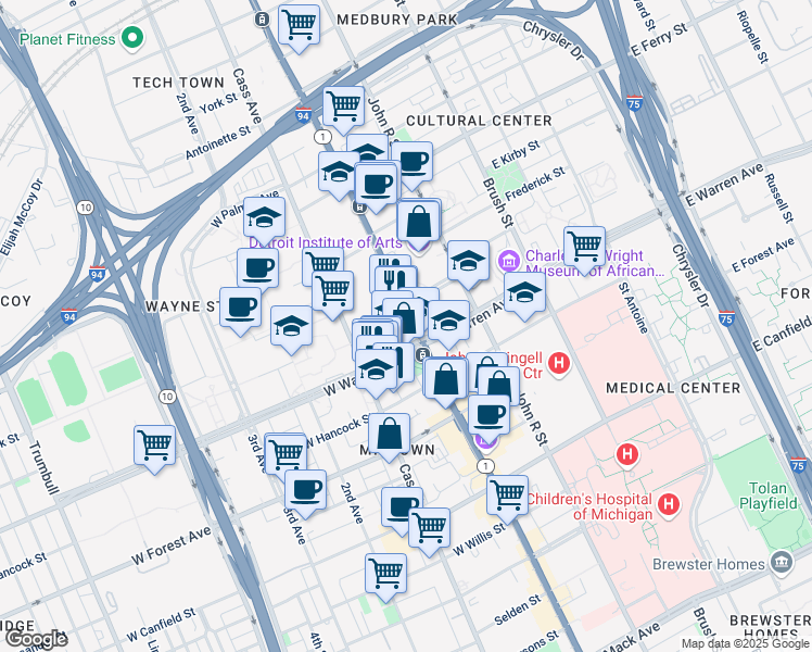 map of restaurants, bars, coffee shops, grocery stores, and more near 5035 Woodward Avenue in Detroit