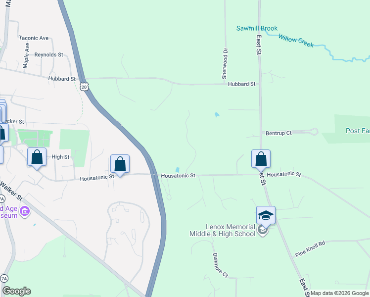 map of restaurants, bars, coffee shops, grocery stores, and more near 1 Stoneledge Rd in Lenox