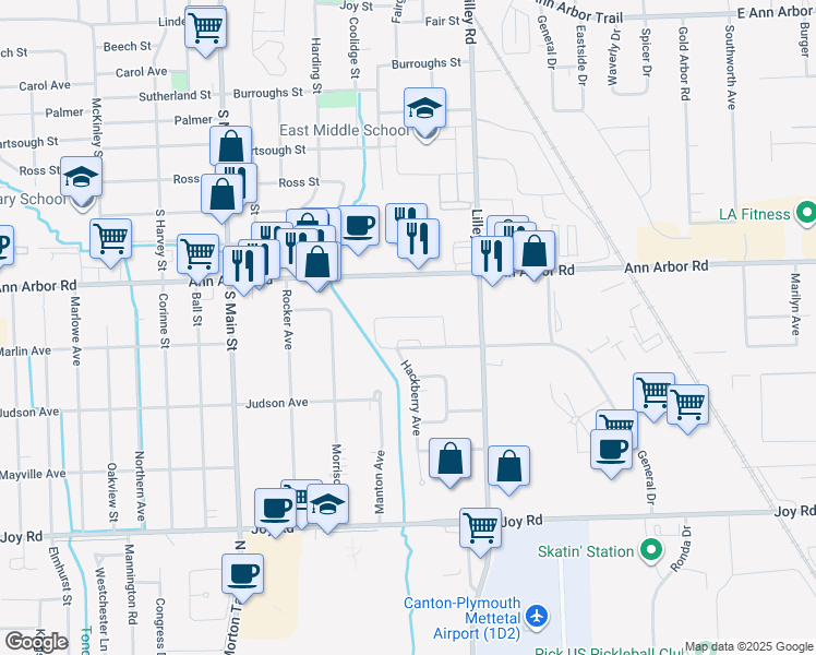 map of restaurants, bars, coffee shops, grocery stores, and more near 42560 Postiff Avenue in Plymouth
