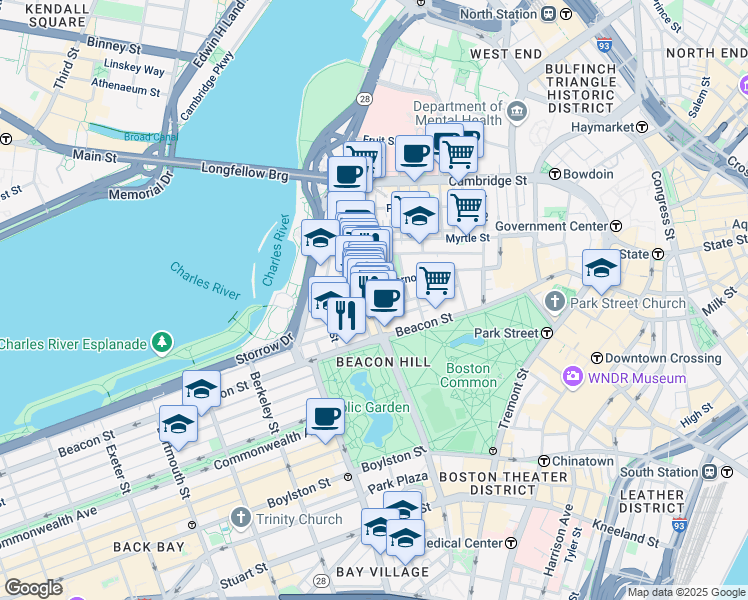 map of restaurants, bars, coffee shops, grocery stores, and more near 34 Charles Street in Boston