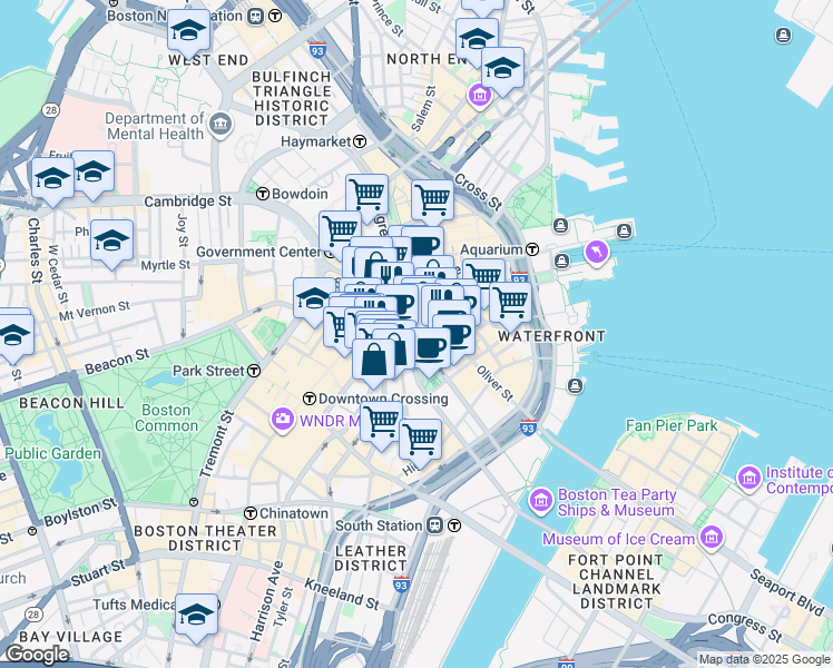map of restaurants, bars, coffee shops, grocery stores, and more near 10 Post Office Square in Boston