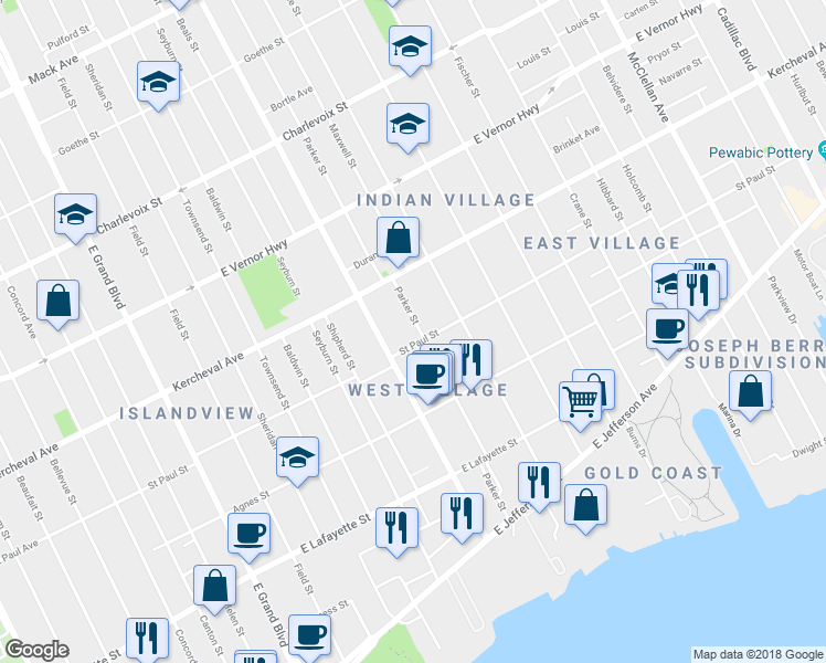 map of restaurants, bars, coffee shops, grocery stores, and more near 1717 Parker Street in Detroit