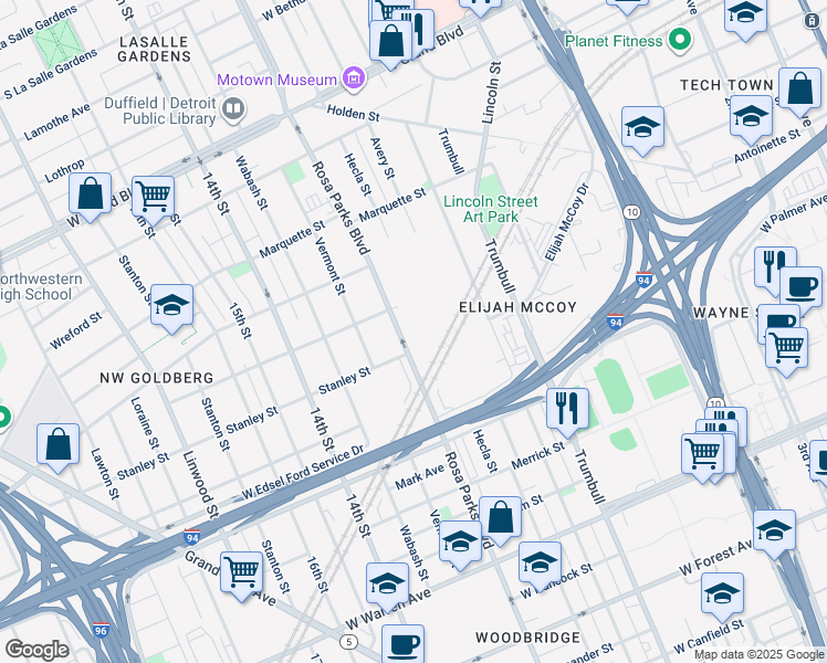 map of restaurants, bars, coffee shops, grocery stores, and more near 5730 Rosa Parks Boulevard in Detroit
