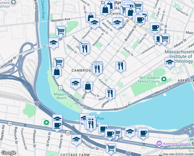 map of restaurants, bars, coffee shops, grocery stores, and more near Putnam Ave & Brookline St in Mid-Cambridge