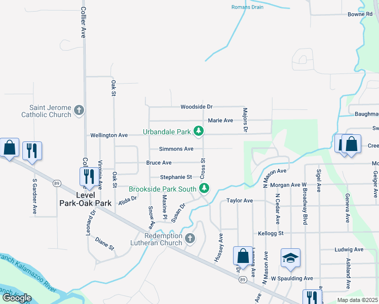 map of restaurants, bars, coffee shops, grocery stores, and more near 618 Bruce Avenue in Battle Creek