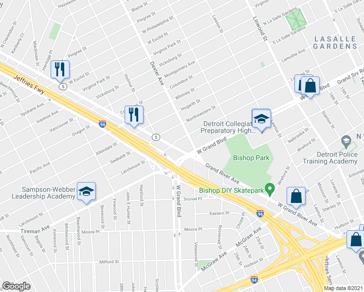 map of restaurants, bars, coffee shops, grocery stores, and more near 7320 Grand River Avenue in Detroit