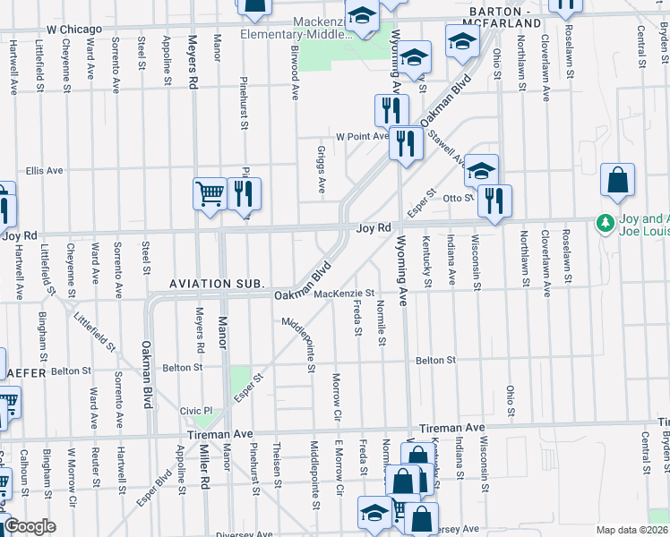 map of restaurants, bars, coffee shops, grocery stores, and more near 5631 Oakman Boulevard in Detroit