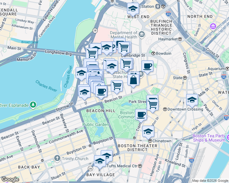 map of restaurants, bars, coffee shops, grocery stores, and more near 26 Chestnut Street in Boston