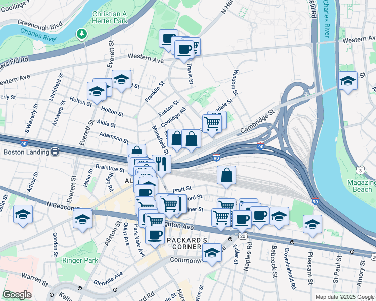map of restaurants, bars, coffee shops, grocery stores, and more near 272 Cambridge Street in Boston
