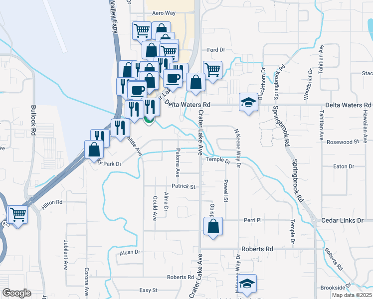 map of restaurants, bars, coffee shops, grocery stores, and more near 1902 Pebble Way in Medford