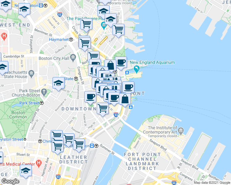 map of restaurants, bars, coffee shops, grocery stores, and more near 125 Broad Street in Boston