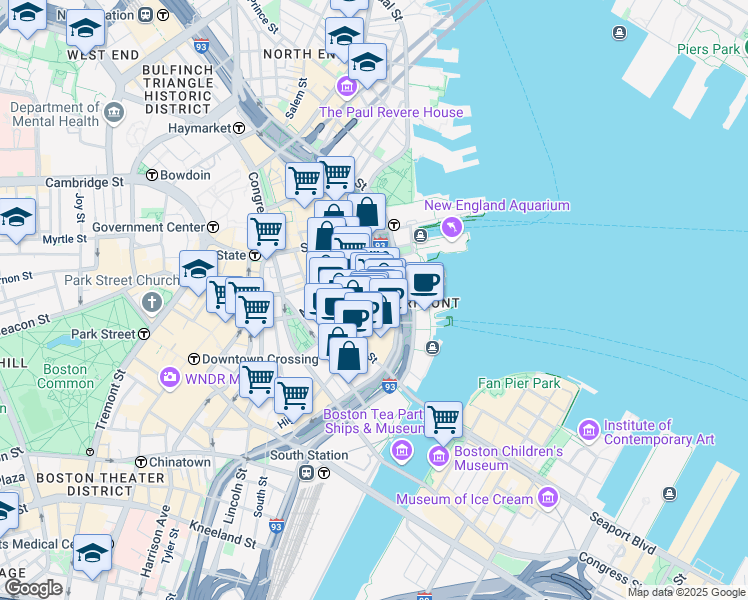 map of restaurants, bars, coffee shops, grocery stores, and more near 125 Broad Street in Boston