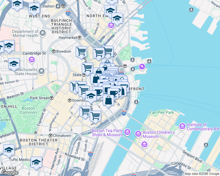 map of restaurants, bars, coffee shops, grocery stores, and more near 67 Batterymarch Street in Boston