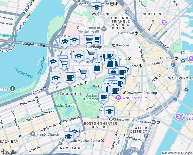 map of restaurants, bars, coffee shops, grocery stores, and more near 7 Joy Place in Boston