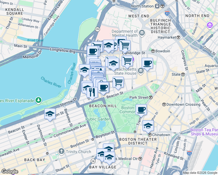 map of restaurants, bars, coffee shops, grocery stores, and more near 28 Branch Street in Boston
