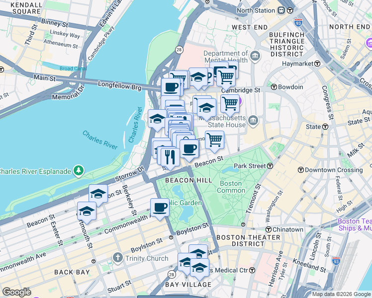 map of restaurants, bars, coffee shops, grocery stores, and more near 34 Charles Street in Boston