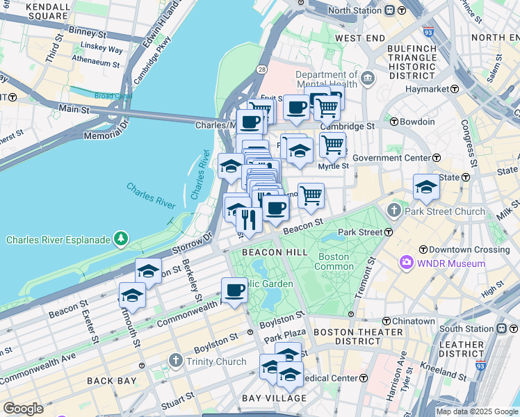 map of restaurants, bars, coffee shops, grocery stores, and more near 34 Charles Street in Boston