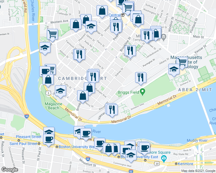 map of restaurants, bars, coffee shops, grocery stores, and more near 216 Sidney Street in Cambridge