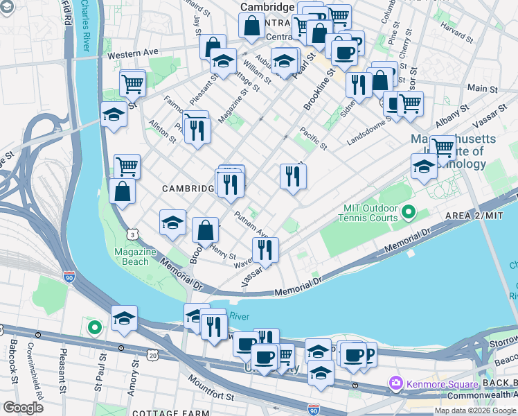 map of restaurants, bars, coffee shops, grocery stores, and more near 216 Sidney Street in Cambridge