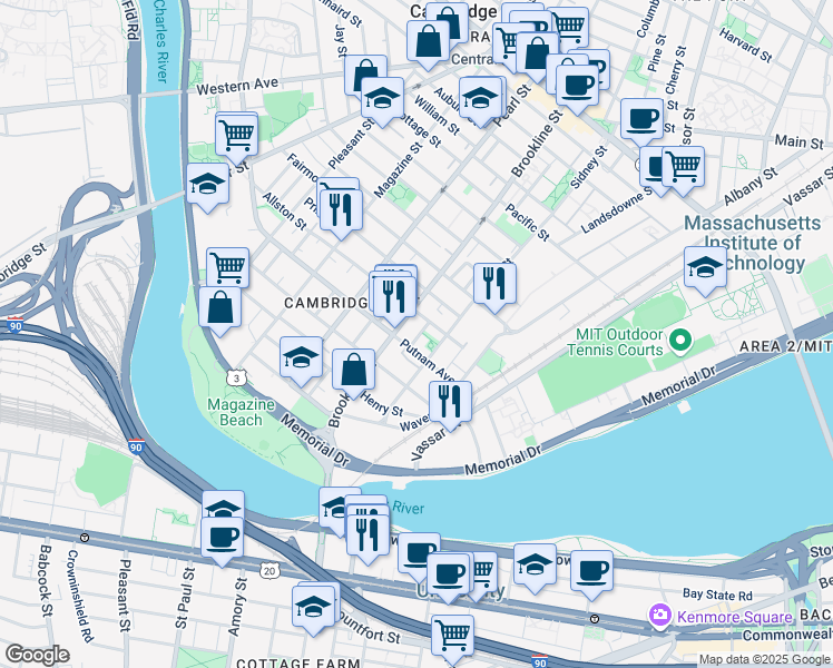 map of restaurants, bars, coffee shops, grocery stores, and more near 14 Putnam Court in Cambridge
