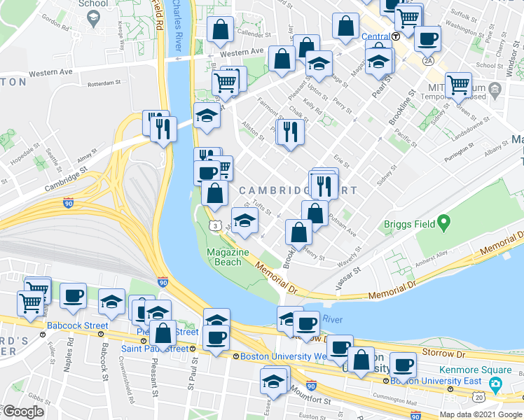map of restaurants, bars, coffee shops, grocery stores, and more near 17 Glenwood Avenue in Cambridge