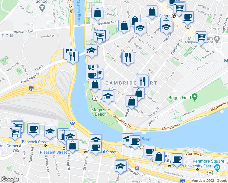 map of restaurants, bars, coffee shops, grocery stores, and more near 17 Glenwood Avenue in Cambridge