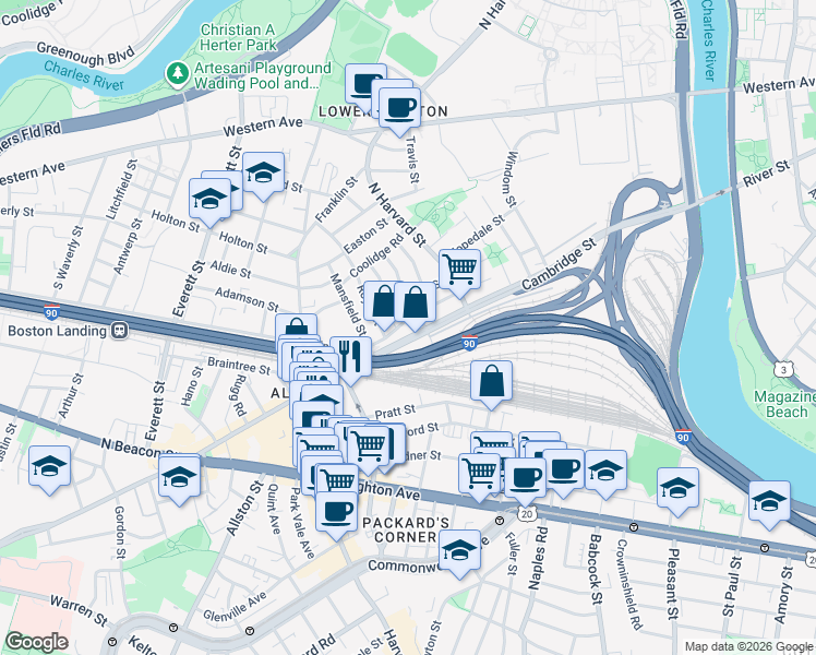 map of restaurants, bars, coffee shops, grocery stores, and more near 272 Cambridge Street in Boston