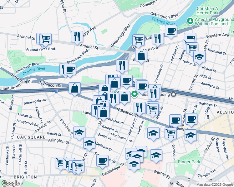 map of restaurants, bars, coffee shops, grocery stores, and more near in Boston
