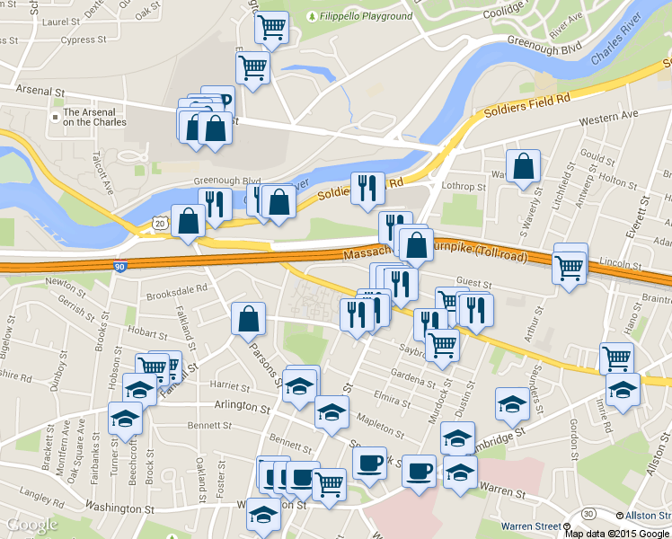 map of restaurants, bars, coffee shops, grocery stores, and more near 245 North Beacon Street in Boston