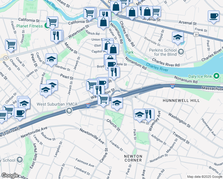 map of restaurants, bars, coffee shops, grocery stores, and more near in Newton