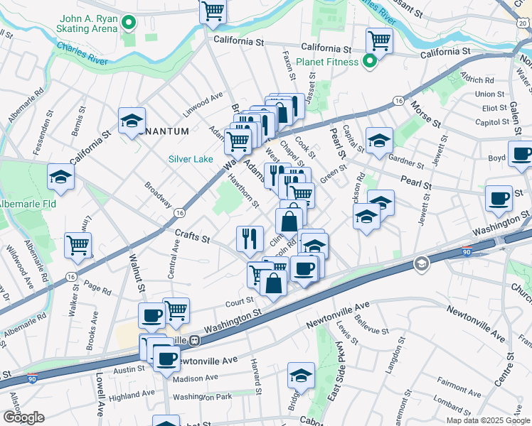map of restaurants, bars, coffee shops, grocery stores, and more near 92 Hawthorn Street in Newton