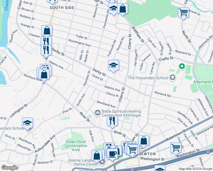 map of restaurants, bars, coffee shops, grocery stores, and more near 213 Adams Avenue in Newton