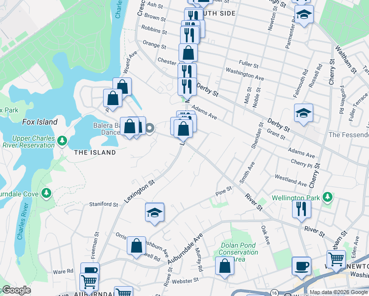 map of restaurants, bars, coffee shops, grocery stores, and more near 88 Lexington Street in Newton