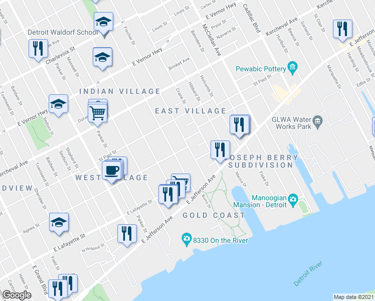 map of restaurants, bars, coffee shops, grocery stores, and more near 1225 Fischer Street in Detroit