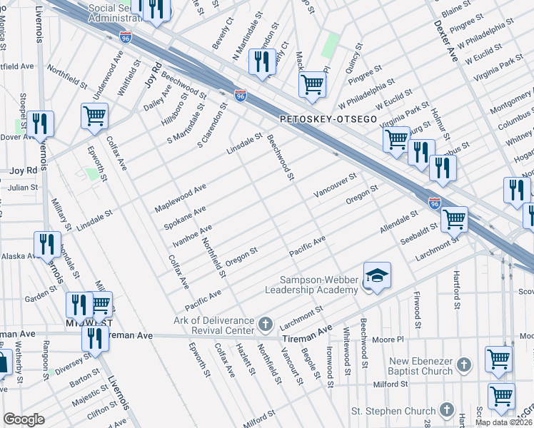 map of restaurants, bars, coffee shops, grocery stores, and more near 5242 Vancouver Street in Detroit