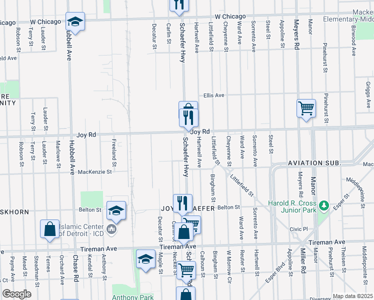 map of restaurants, bars, coffee shops, grocery stores, and more near 8647 Schaefer Highway in Detroit