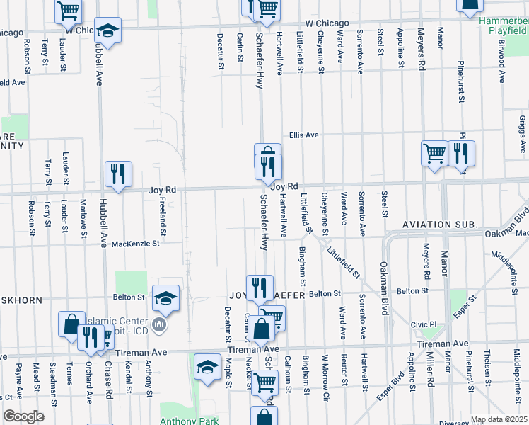 map of restaurants, bars, coffee shops, grocery stores, and more near 8647 Schaefer Highway in Detroit